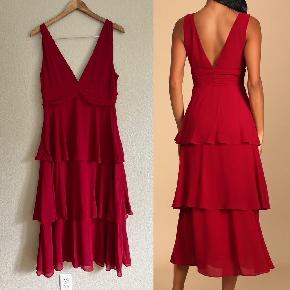 NWOT Celebration Time Red Sleeveless Tiered Midi Dress - Picture 3 of 8